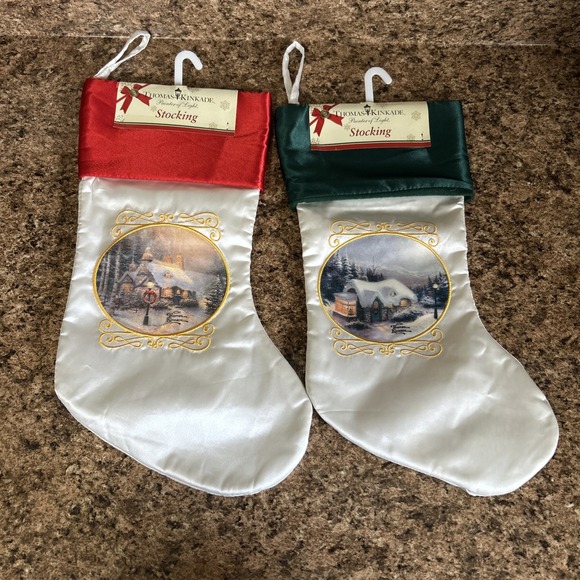 Vintage Thomas Kinkade Christmas Cottage Satin Stockings NEW Set of Two 90s - Picture 1 of 8